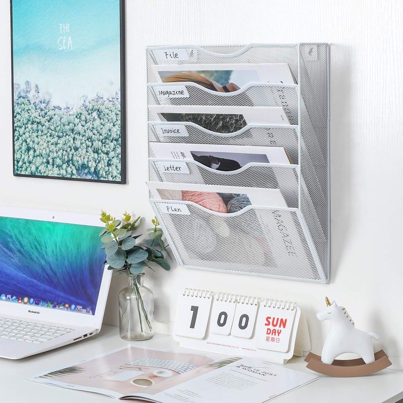 PAG Hanging Wall File Holder Mail Organizer Wall Mount Document Letter Rack, 5-Tier, White - Image 5